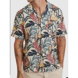 Marine Layer Mens Shirt Large Floral Resortwear Camp Collar Tencel Linen